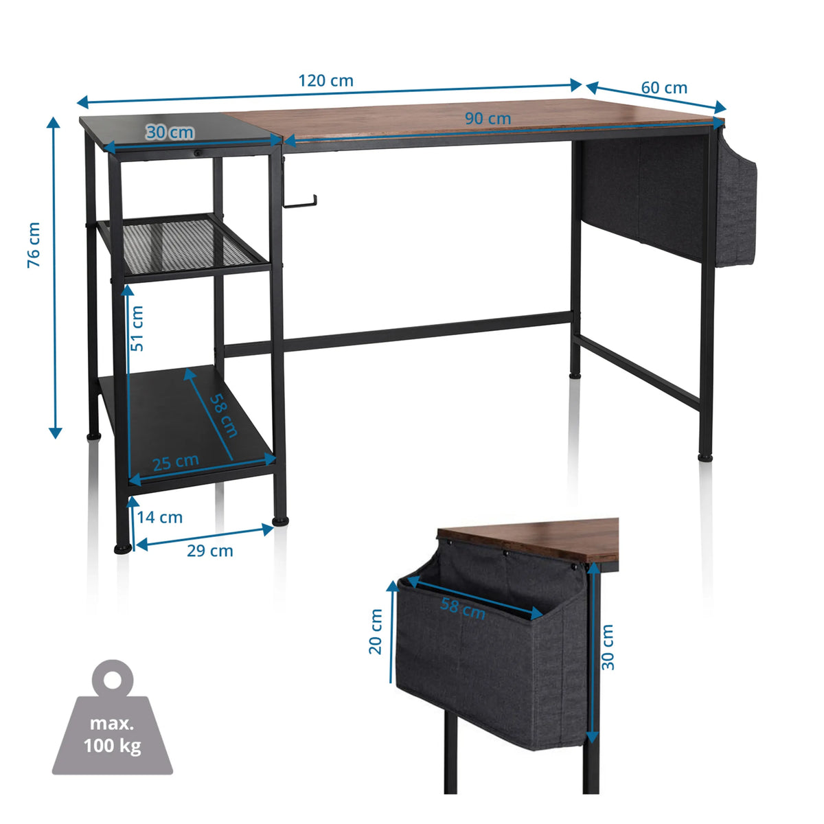 Technische tekening van het Bureau WORKSPACE H I van 120 × 60 cm en een draagvermogen van 100 kg van hjh OFFICE