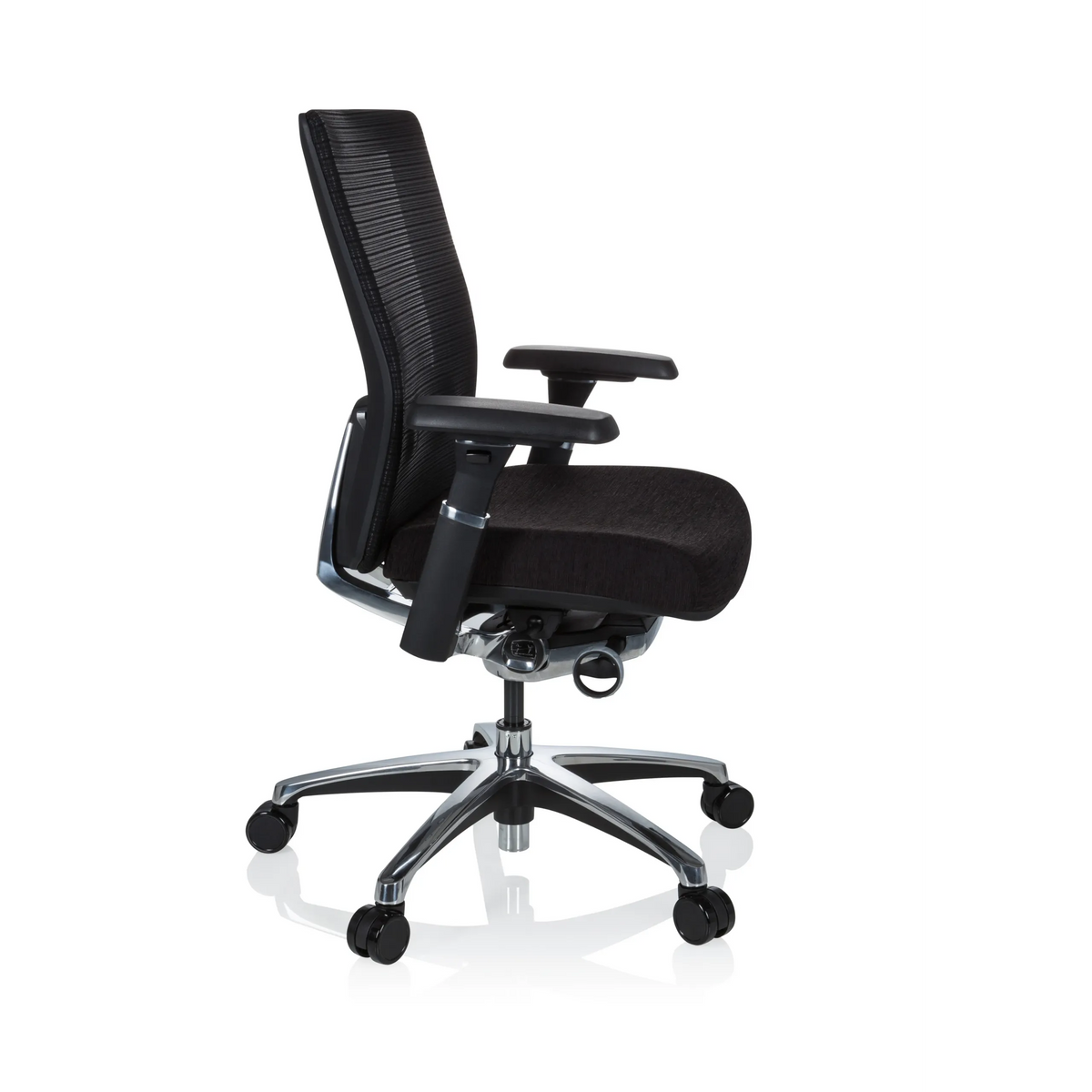 Zwarte High end bureaustoel NOVA PRO ALU met netrugleuning en vijfpoot met wieltjes van hjh OFFICE – 360-gradenweergave (zijaanzicht 80°)