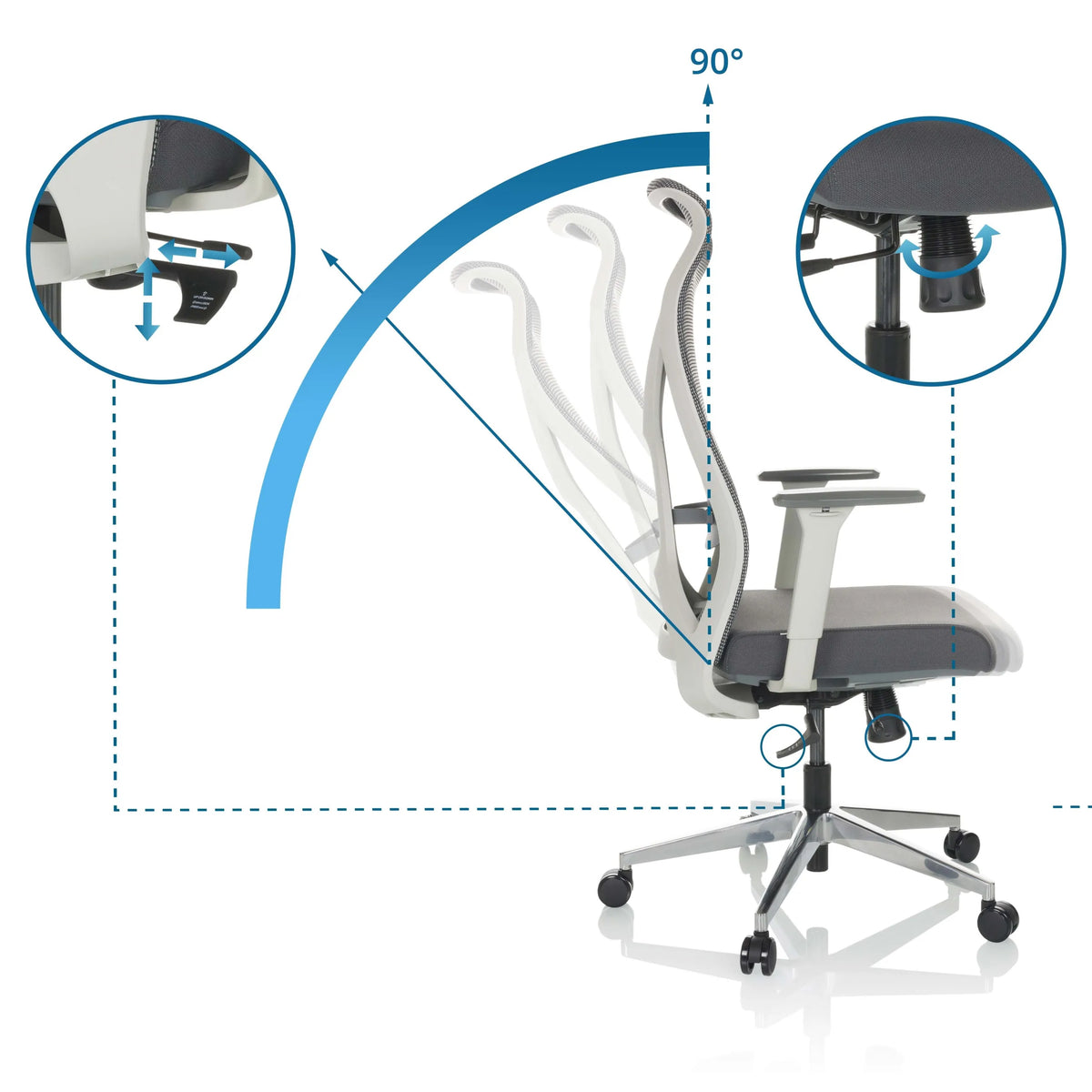 Verstelmechanismen en 90 graden kanteling van de rugleuning van de Professionele bureaustoel AZURRO WHITE van hjh OFFICE