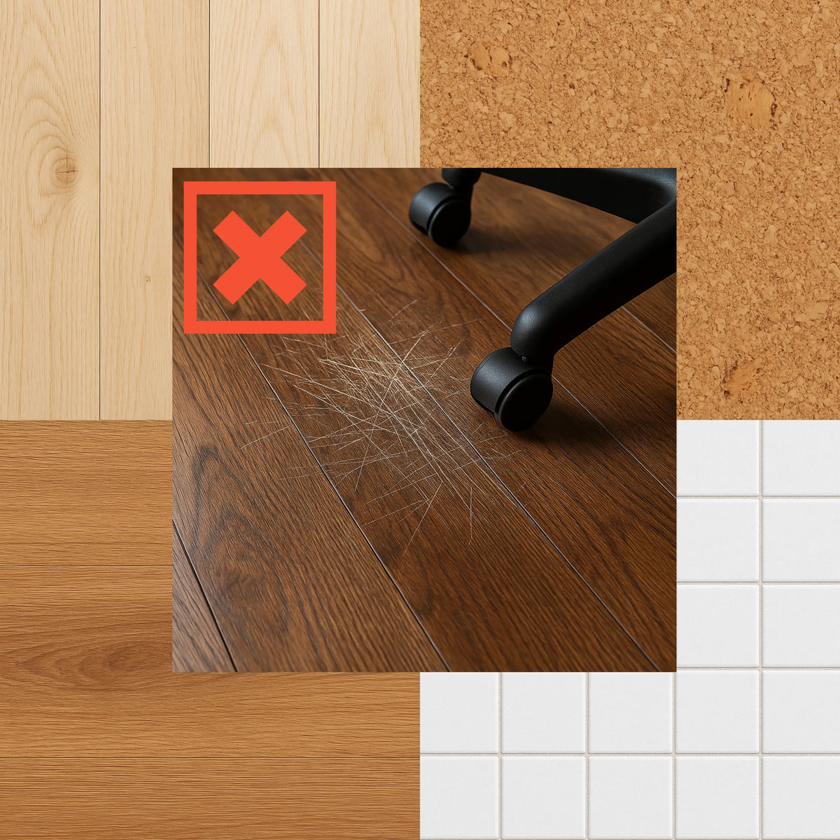 Krassen op een donkere houten vloer door het rollen van een bureaustoel zonder FORTIFLEX vloermat van hjh OFFICE
