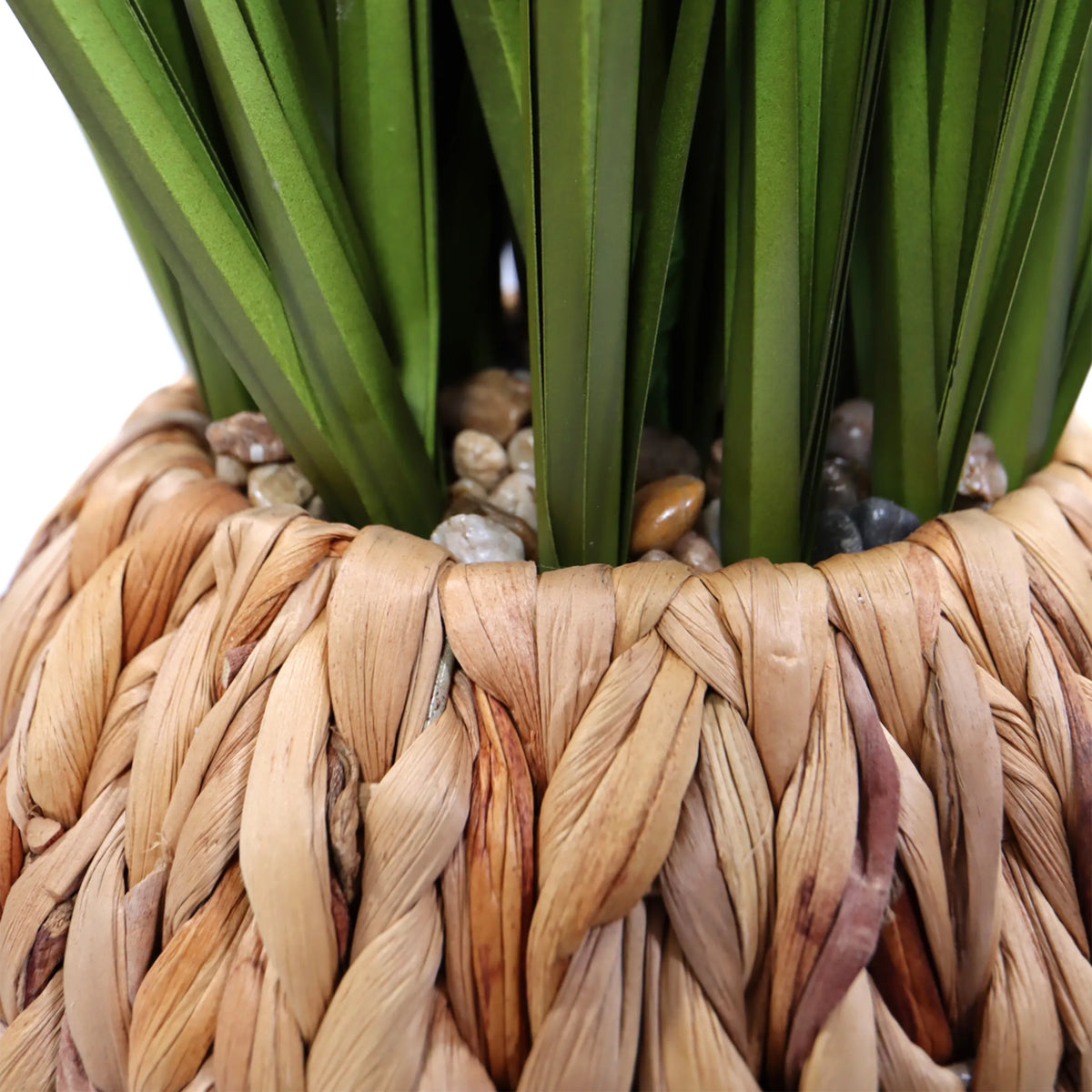 Gevlochten pot met kleine steentjes en groene bladeren van de Kunstplant CORTADERIA van hjh OFFICE