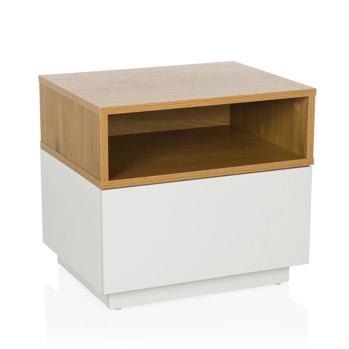 Witte bijzettafel MELMO met een plank in eikenlook van hjh LIVING – 360-gradenweergave (vooraanzicht 15°)