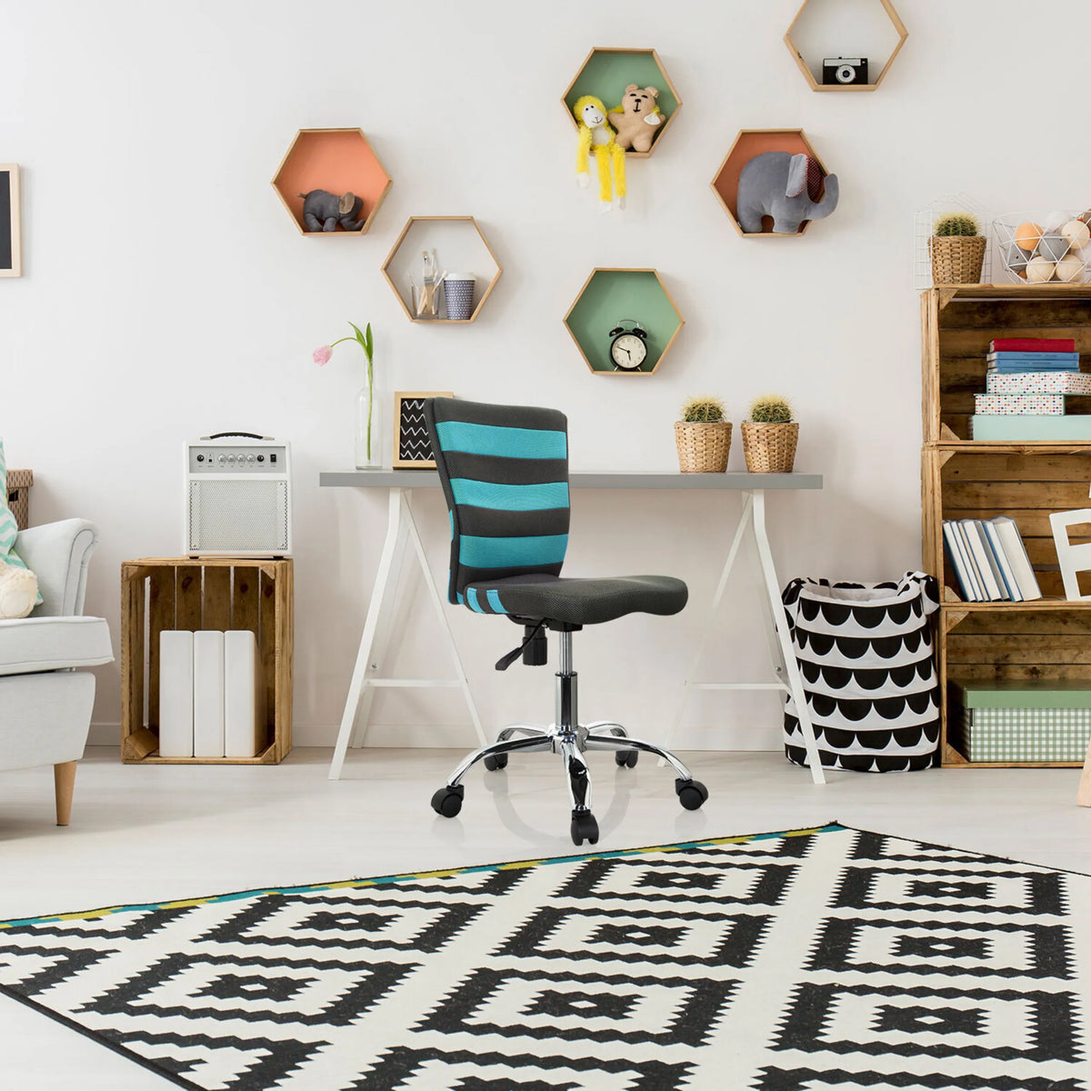 Kinder bureaustoel KIDDY COMFORT I in grijs en turquoise met metalen rolvoet van hjh OFFICE