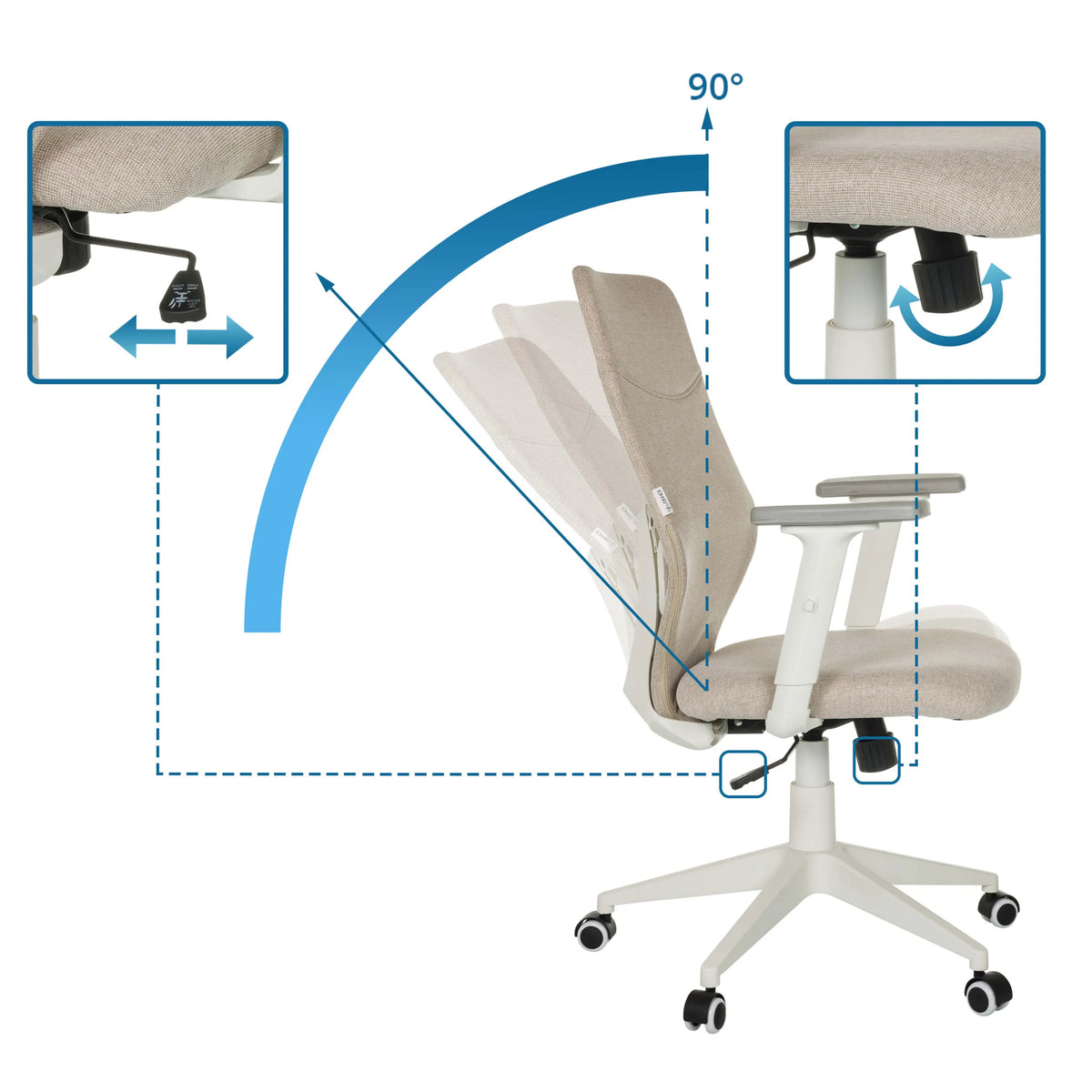 Verstellingsmogelijkheden van de rugleuning en zithoogte van de COSIO II Thuisgebruik bureaustoel met een hoek van 90° van hjh OFFICE
