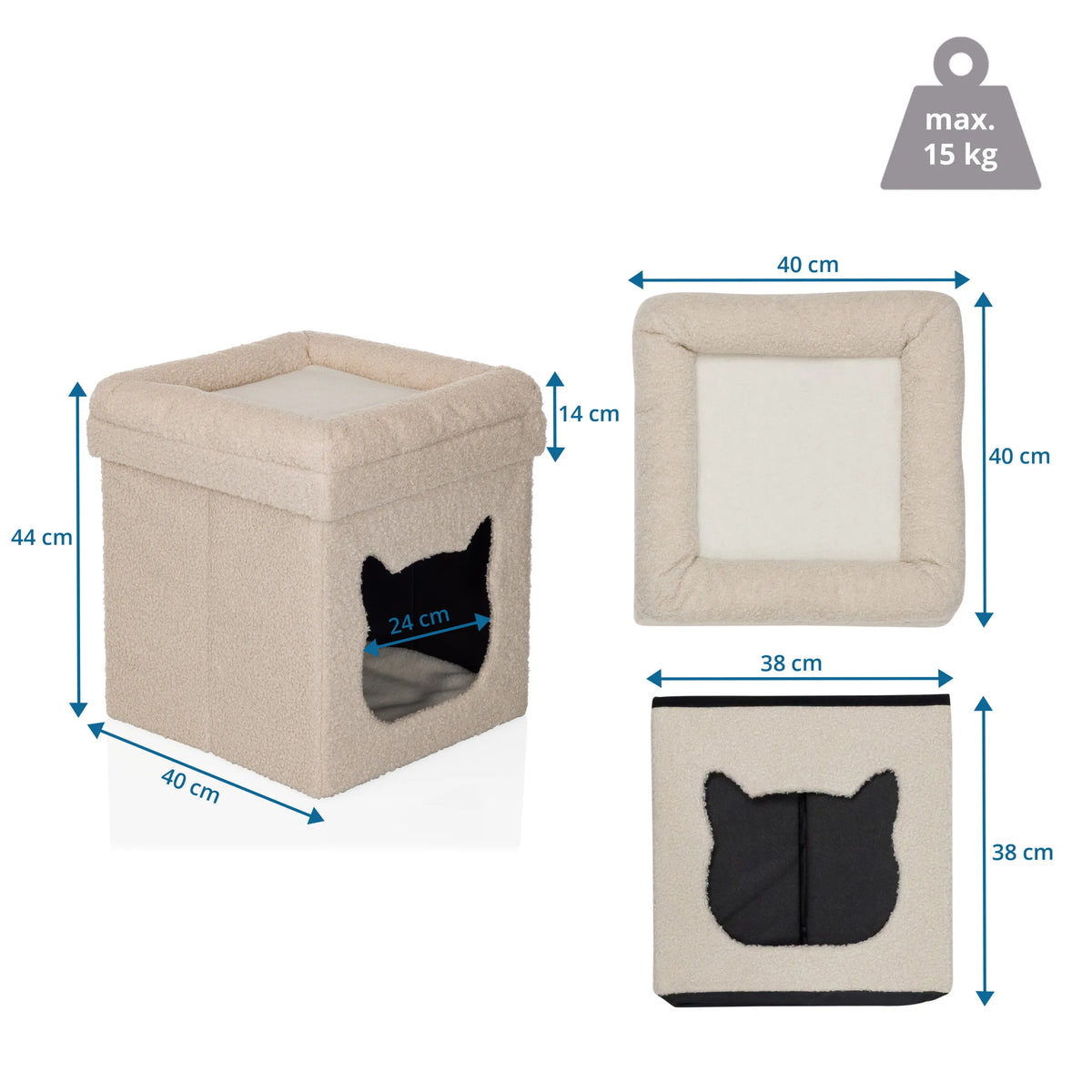 Maattekening van het Kattenhuis PAWY ES van 40 × 40 cm en maximale belasting van 15 kg van hjh LIVING