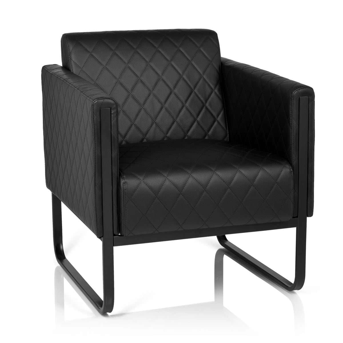 Zwarte gestoffeerde fauteuil ARUBA BLACK met ruitstiksel en slee-onderstel van hjh OFFICE – 360-gradenweergave (vooraanzicht 20°)