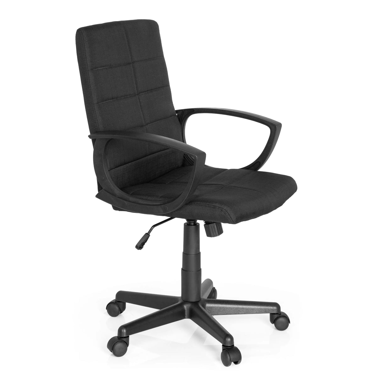 Schwarzer Homeoffice-Bürostuhl STAR-TEC CL300 mit Armlehnen und Fußkreuz mit fünf Rollen von MyBuero – 360-Grad-Ansicht (schräge Frontansicht 60°)