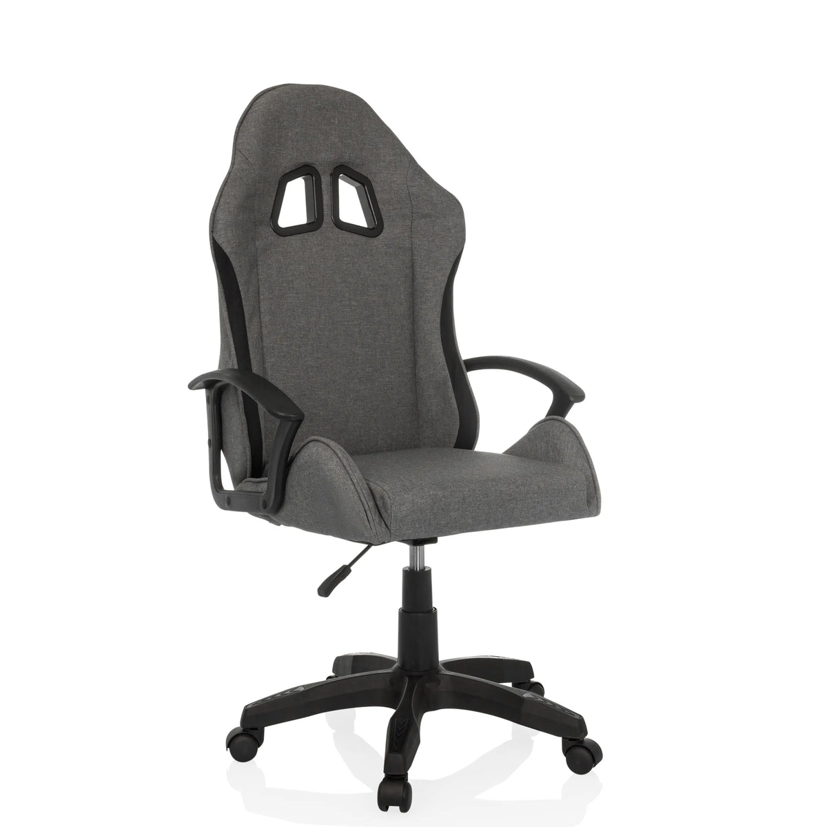 Grijze Gamestoel GAMEBREAKER W01 met twee uitsparingen voor de hoofdsteun en vijfpoot met zwenkwielen van MyBuero – 360-gradenweergave (schuin vooraanzicht 30°)