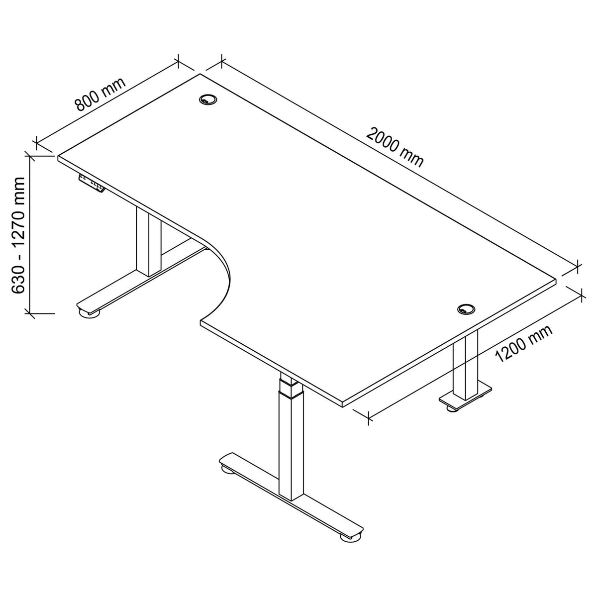Technische Zeichnung des Schreibtischs XDSM 82 G mit 2000 x 1200 mm von hjh OFFICE PRO