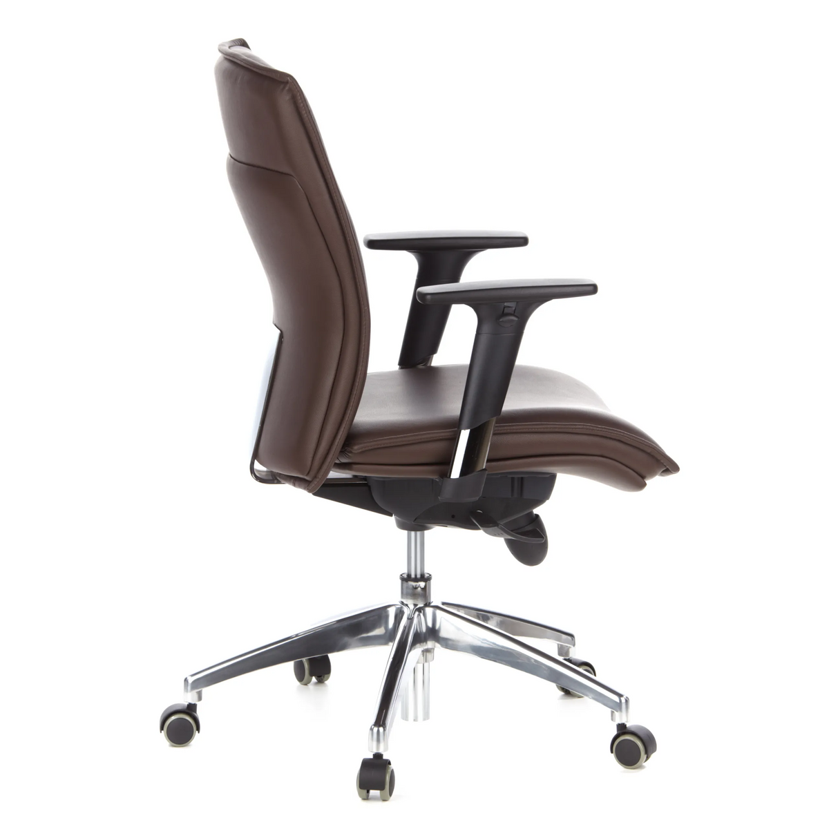 Donkerbruine Luxe directiestoel MURANO 10 met armleuningen en vijfpoot met wielen van hjh OFFICE – 360-gradenweergave (zijaanzicht 100°)