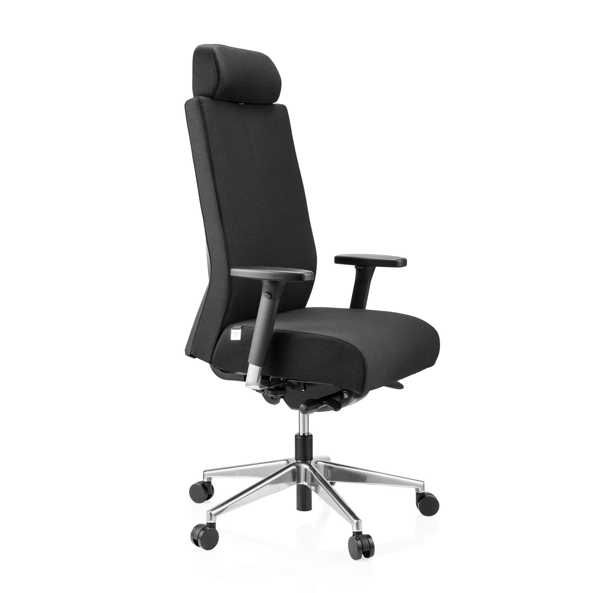 Zwarte Professionele bureaustoel PRO-TEC XXL met stoffen bekleding, hoofdsteun en vijfpoot met wieltjes van hjh OFFICE – 360-gradenweergave (schuin vooraanzicht 60°)