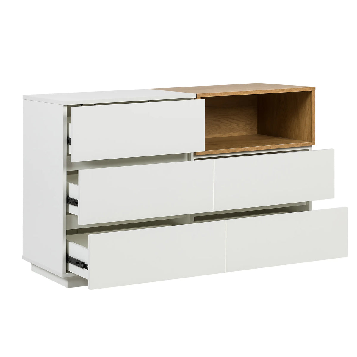 Wit dressoir MELMO S met eikenhouten accent en drie gedeeltelijk geopende lades van hjh LIVING