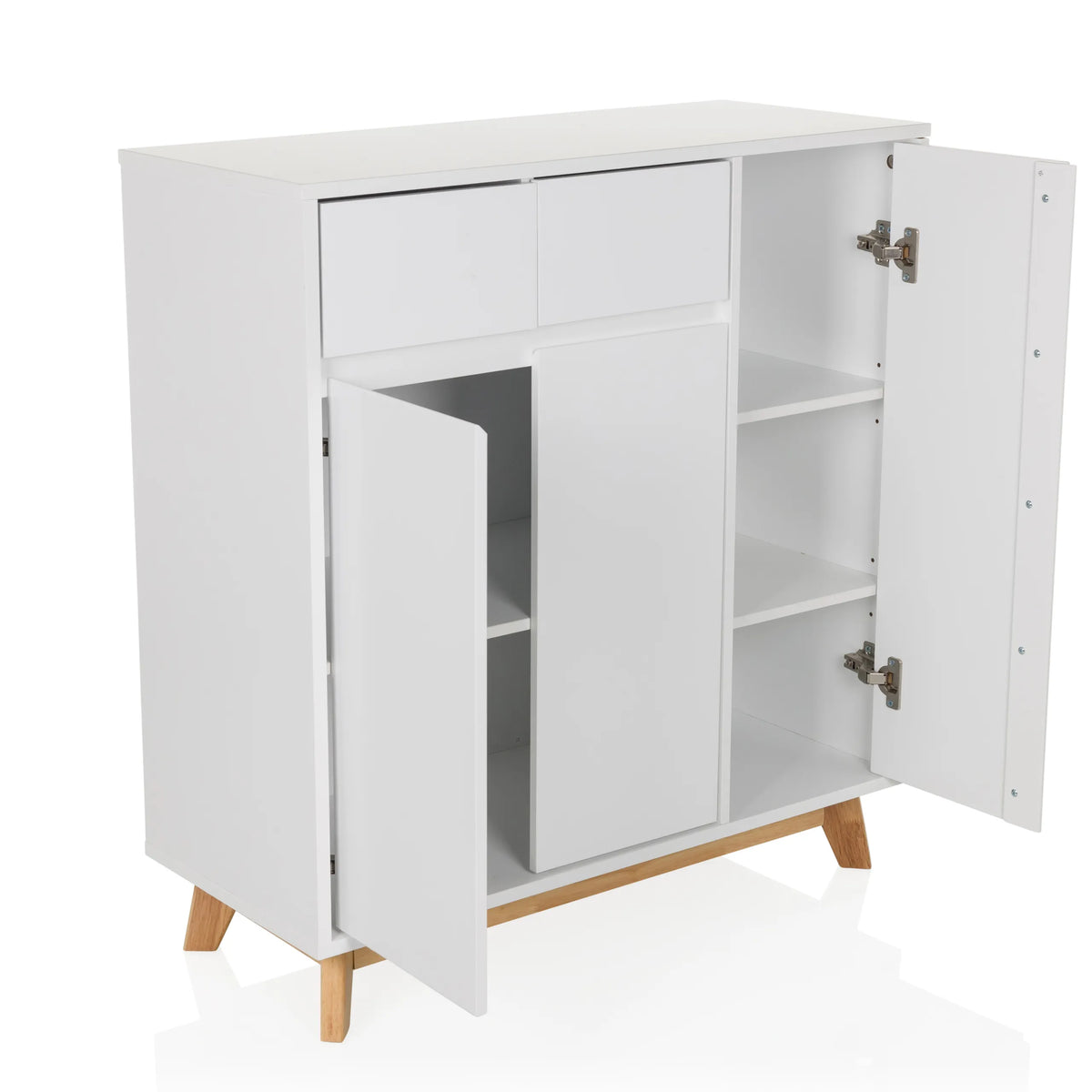 Witte commode ESTHA met twee lades, twee deuren en lichte houten poten van hjh LIVING