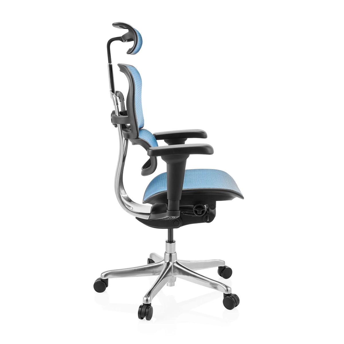 Blauwe luxe directiestoel ERGOHUMAN ULTRA GEN2 met netrug, hoofdsteun en vijfsterrenvoet van hjh OFFICE – 360-gradenweergave (vooraanzicht 0°)