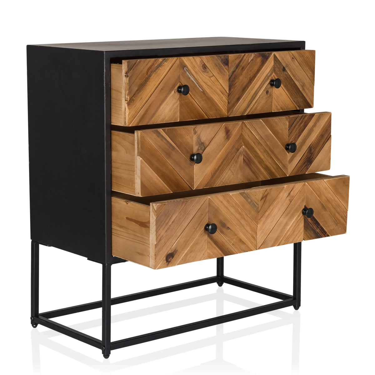 Dressoir SANTJAGO BLACK SUN L met drie houtkleurige laden in visgraatpatroon en een zwart onderstel van hjh LIVING