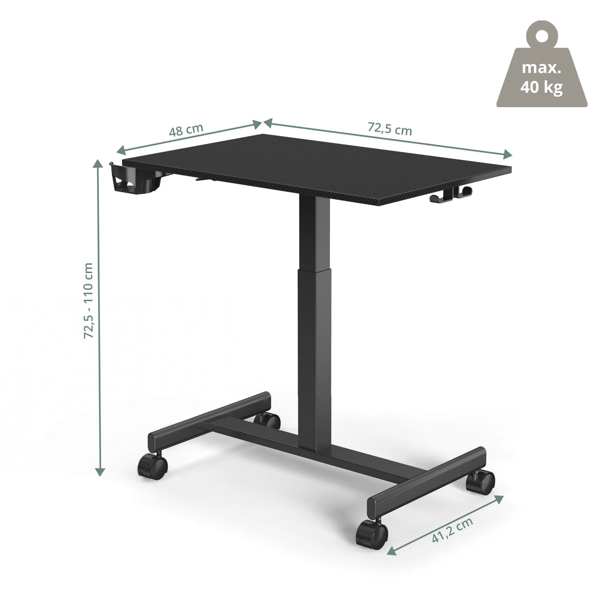 Maattekening van het Zit- Sta bureau Stand K met een breedte van 72,5 cm van hjh OFFICE