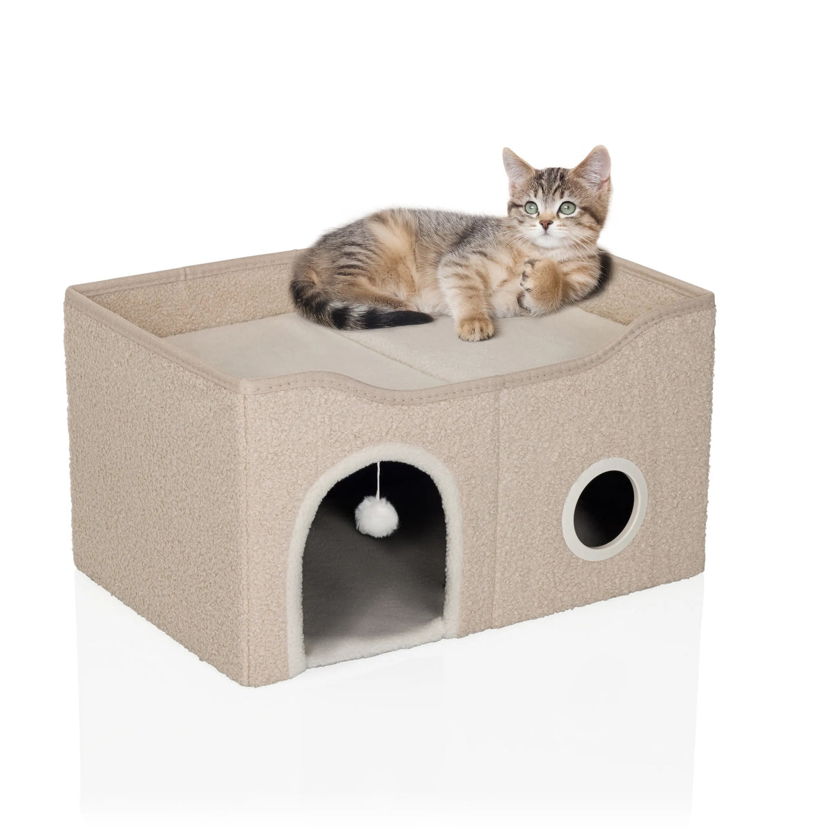Beige Kattengrot PAWY EB met speelballen en ligvlak voor één kat van hjh LIVING