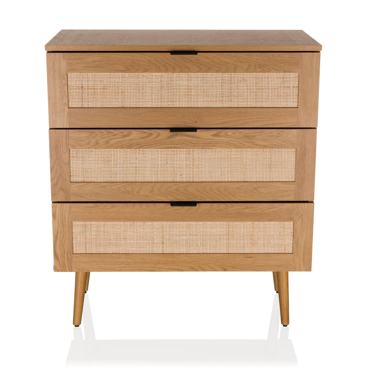 Eikenkleurige Commode BOHEO K met drie lades met Weens vlechtwerk en vier poten van hjh LIVING – 360-gradenweergave (vooraanzicht 0°)
