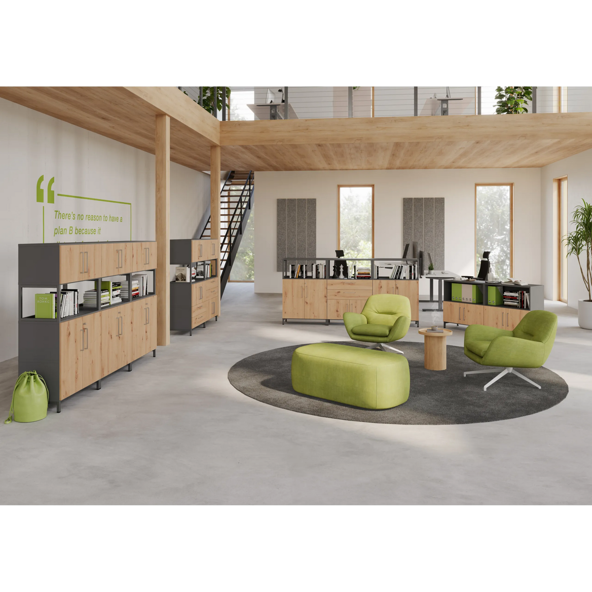Modulare Bürolandschaft der Serie FlexWall mit Regalsystemen, Sitzelementen und Tischen von hjh OFFICE PRO
