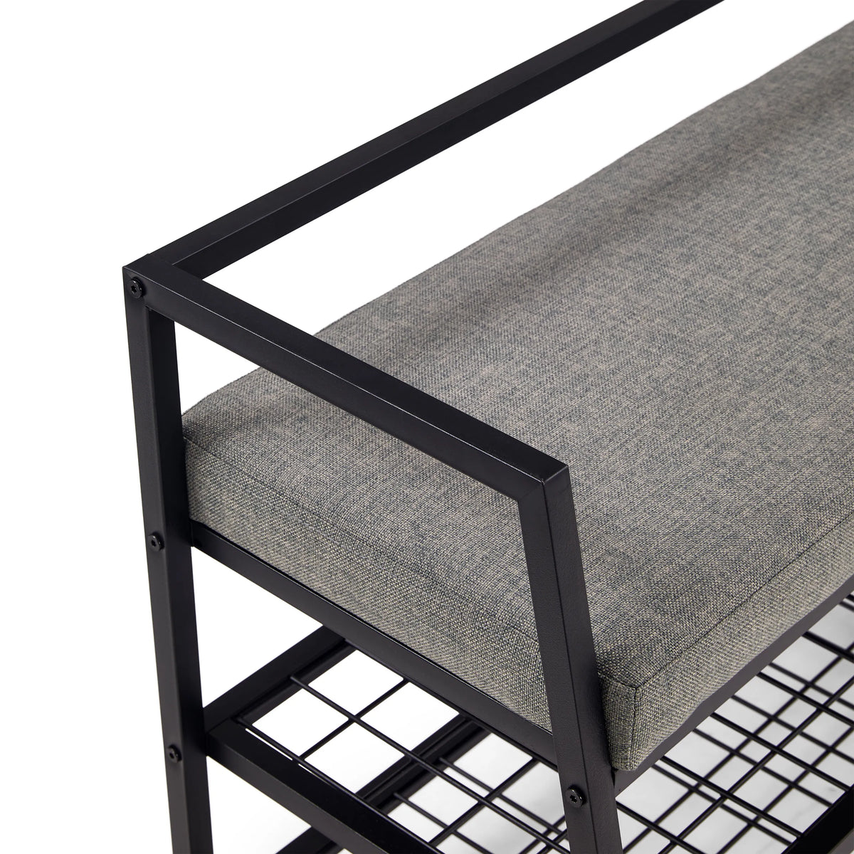 Grijs zitvlak en zwart metalen frame van de Estha Loft schoenenkast van hjh LIVING