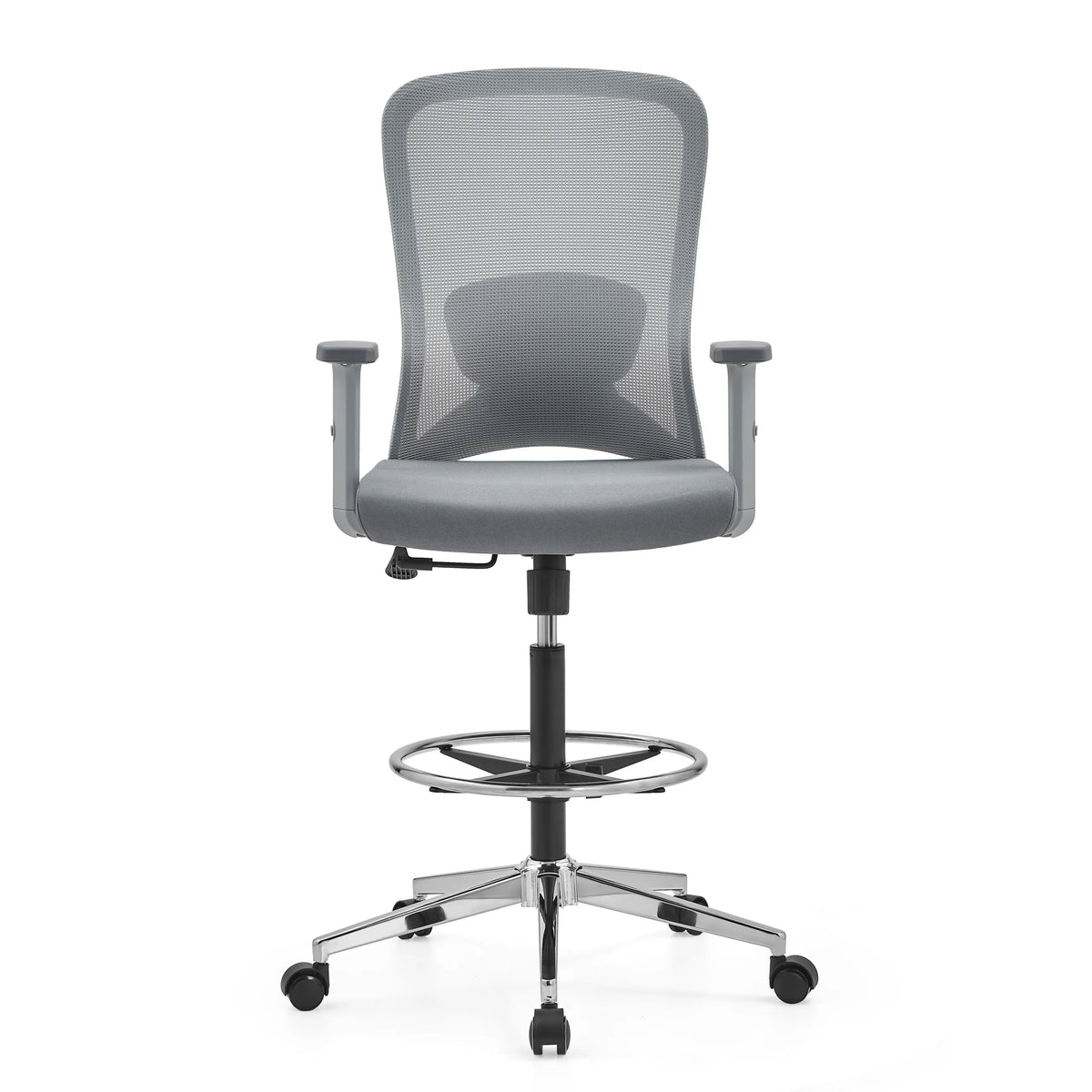 Grijze Baliestoel Top Work 44 W met netrug, voetring en vijfsterrenvoet met wielen van hjh OFFICE – 360-gradenweergave (vooraanzicht 0°)
