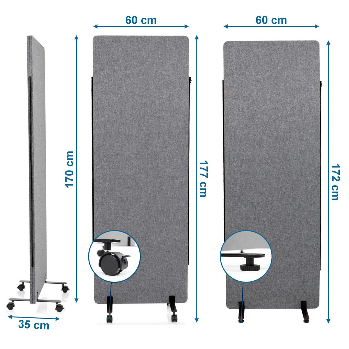 Maattekening van de Scheidingswand FLEXMIUT van 60 × 170 cm met zwenkwielen van hjh OFFICE