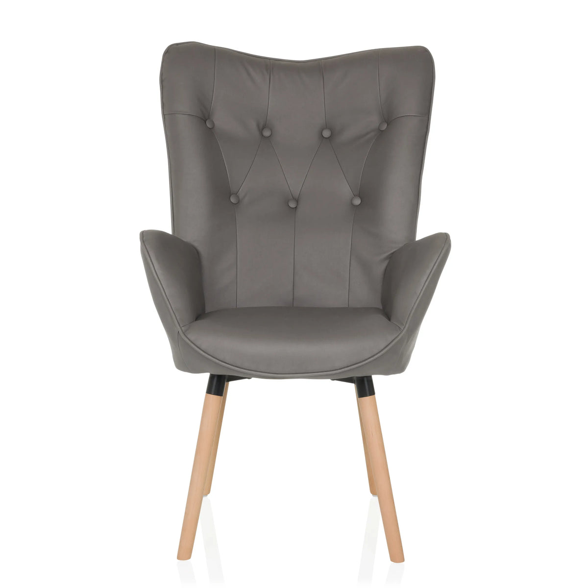 Grijze Gestoffeerde fauteuil HAVENIO I met knoopdetails, armleuningen en vier houten poten van hjh LIVING – 360-gradenweergave (vooraanzicht 0°)