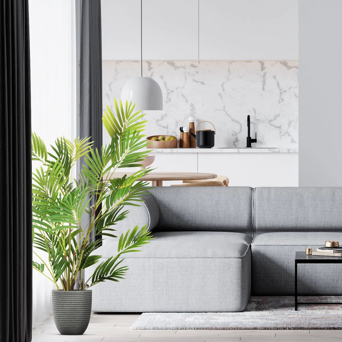 Groene kunstplant ARECA I in een grijze structuurpot van hjh OFFICE