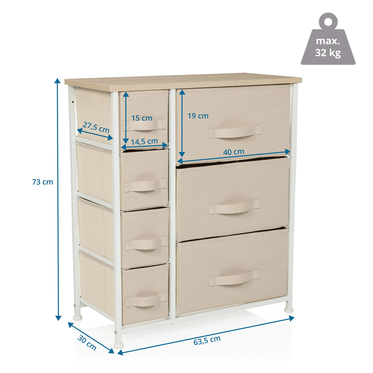 Maattekening van de Commode FOLDRESS B met een hoogte van 73 cm en een breedte van 63,5 cm van hjh LIVING