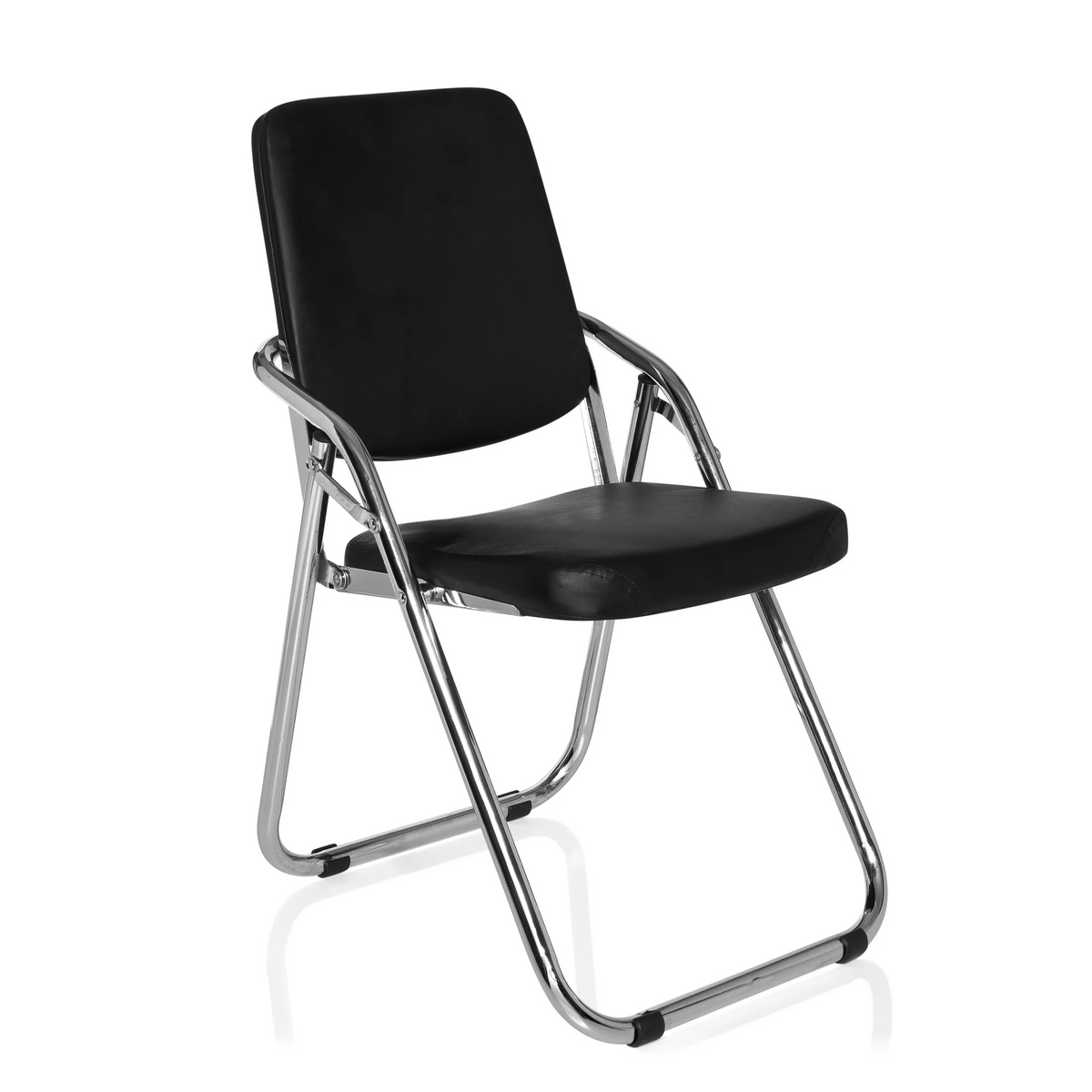 Zwarte Klapstoel ESTO met kunstlederen bekleding en chromen frame van hjh OFFICE – 360-gradenweergave (schuin vooraanzicht 40°)