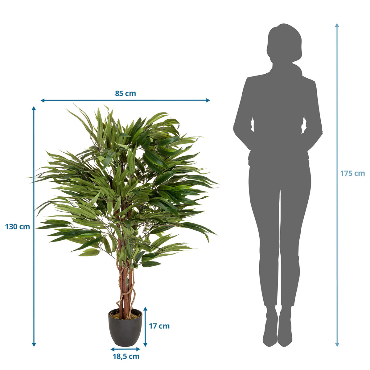 Maattekening van de Kunstplant MANGO met een hoogte van 130 cm en breedte van 85 cm van hjh OFFICE