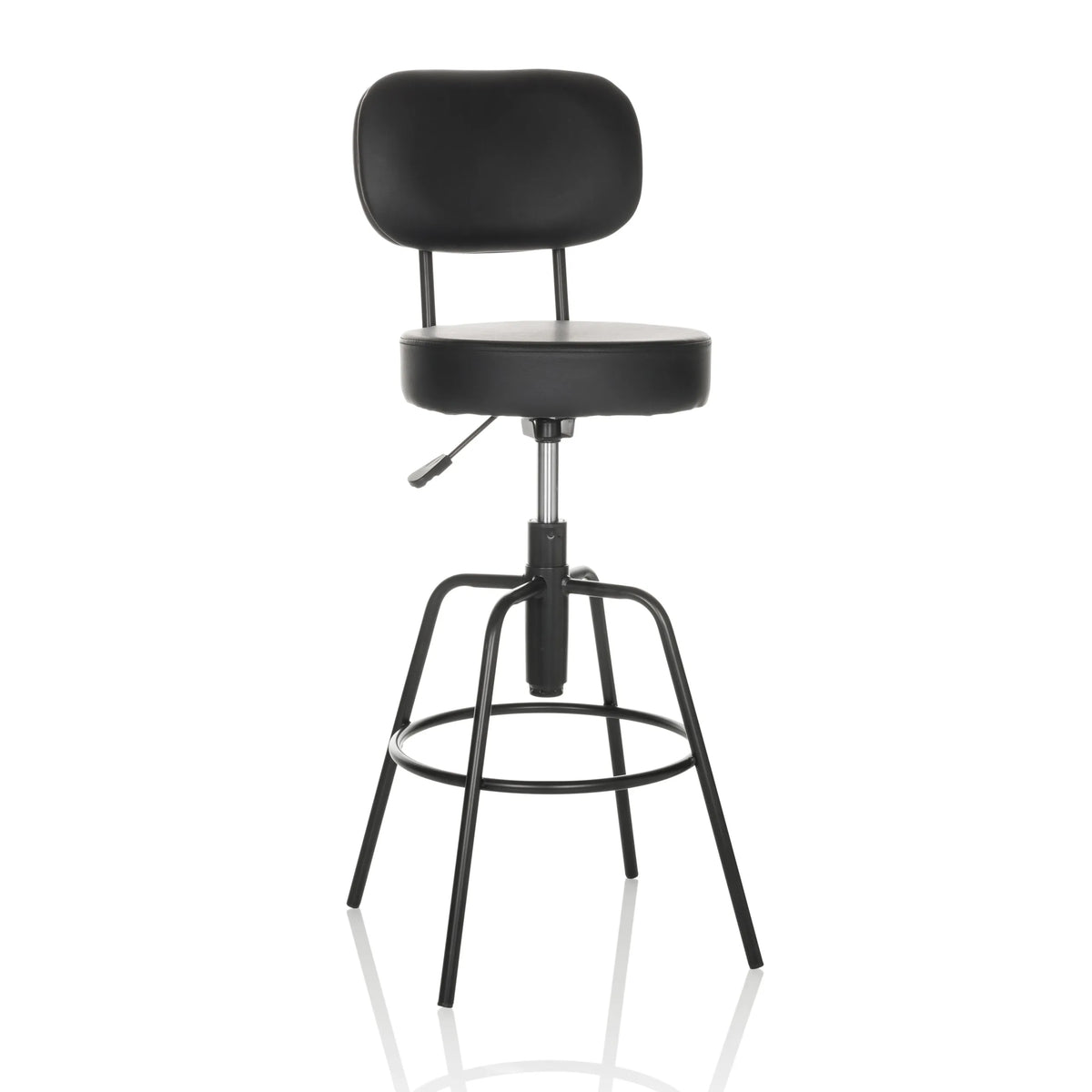 Zwarte Barkruk DISC HIGH met rugleuning en ronde voetring van hjh OFFICE – 360-gradenweergave (vooraanzicht 15°)