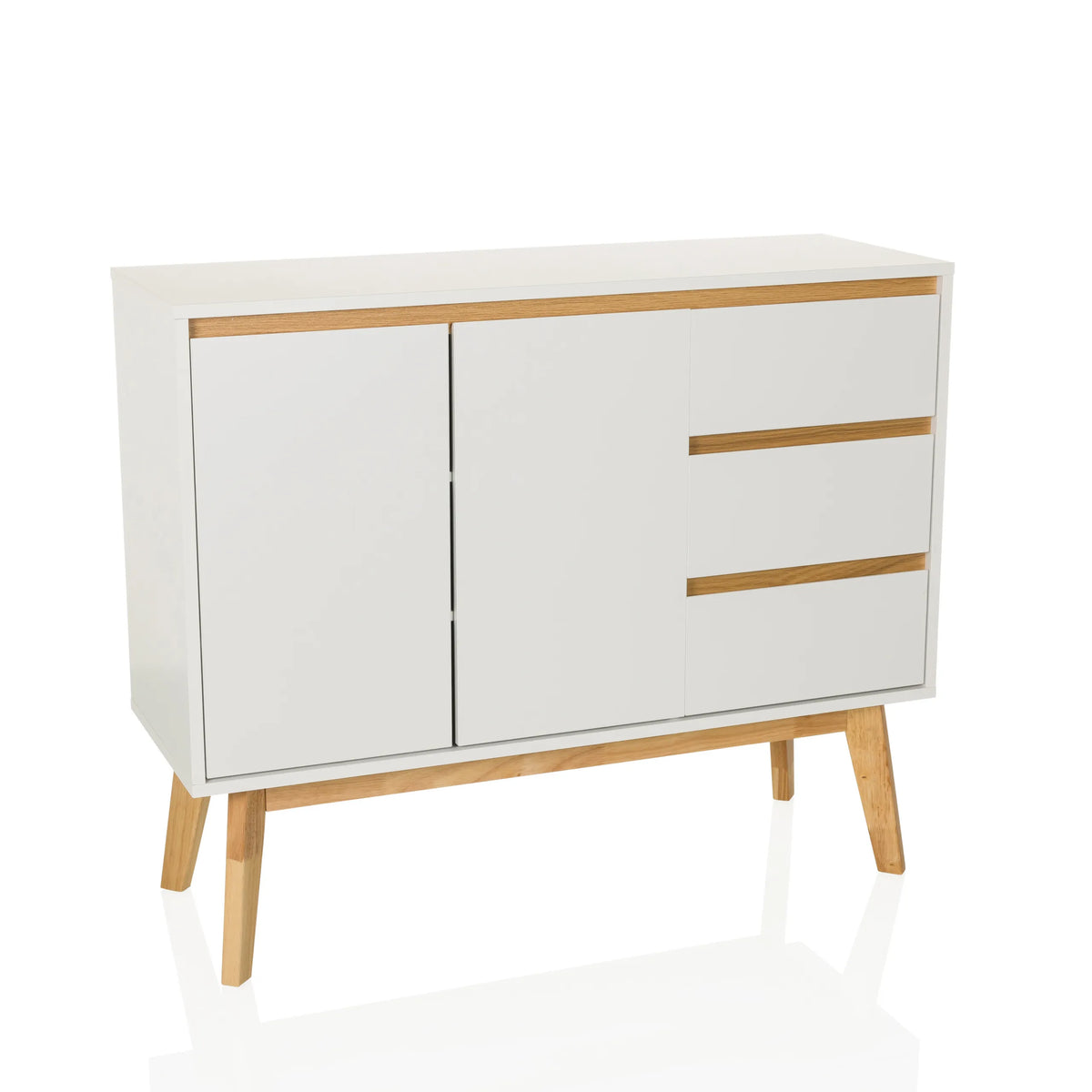 Wit Dressoir TAROLO I met drie laden, twee deuren en houten poten van hjh LIVING – 360-gradenweergave (vooraanzicht 15°)