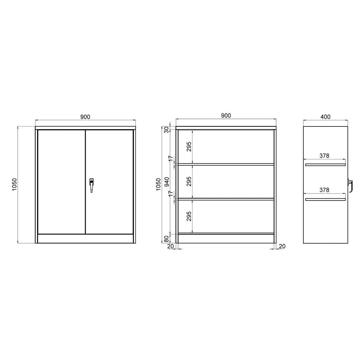 Technische tekening van de Archiefkast COLOR AS 105 met 900 × 1050 mm van hjh OFFICE