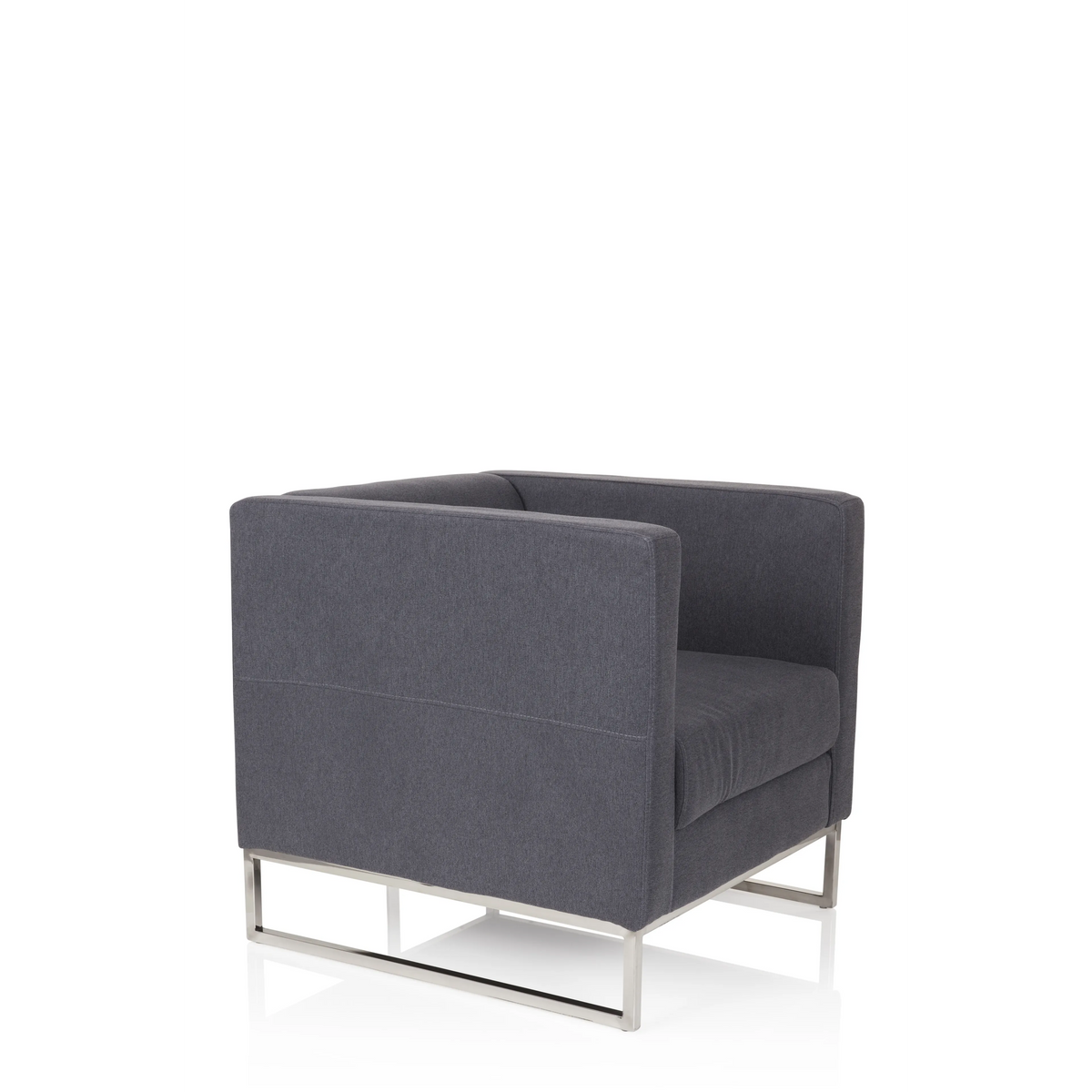 Donkergrijze Gestoffeerde fauteuil BARBADOS met vierkant design en metalen frame van hjh OFFICE – 360-gradenweergave (schuin vooraanzicht 60°)