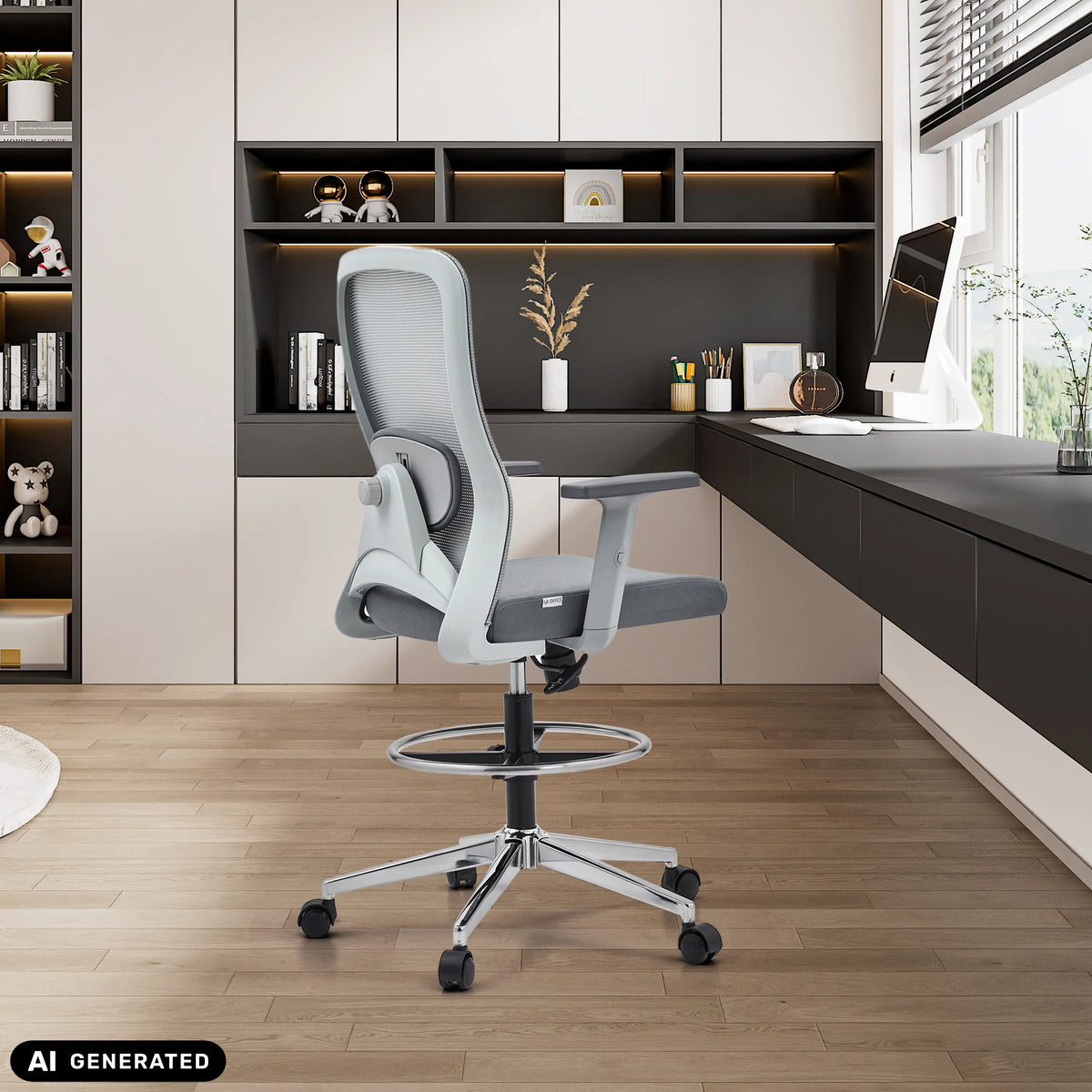 Grijze Top Work 44 W baliestoel met voetring en netrugleuning van hjh OFFICE (AI-gegenereerde afbeelding)