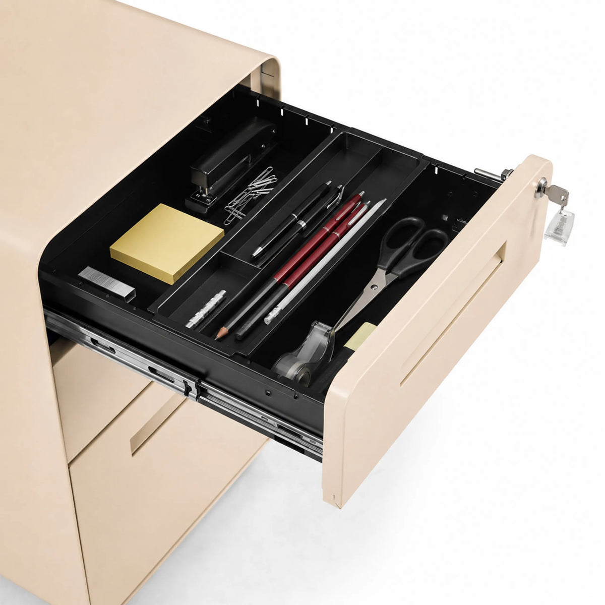 Open lade met organizer-inzet en kantoorartikelen van het COLOR PLUS I ladeblok in beige van hjh OFFICE