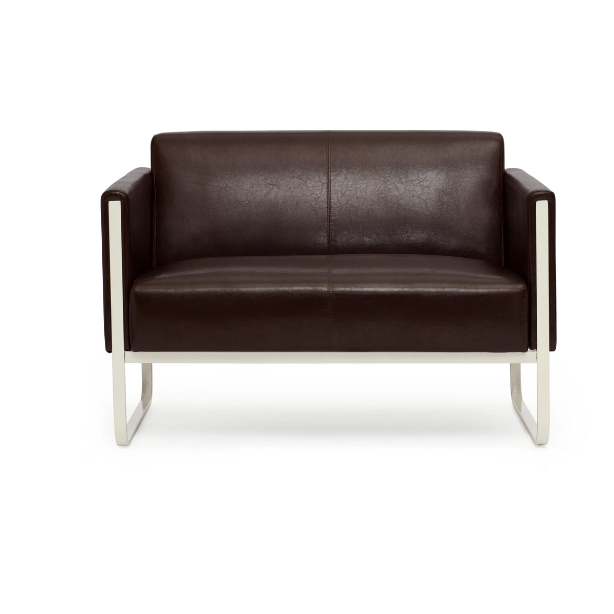 Bruine lounge bank ARUBA als tweezitter met zilverkleurig metalen frame van hjh OFFICE – 360-gradenweergave (vooraanzicht 0°)