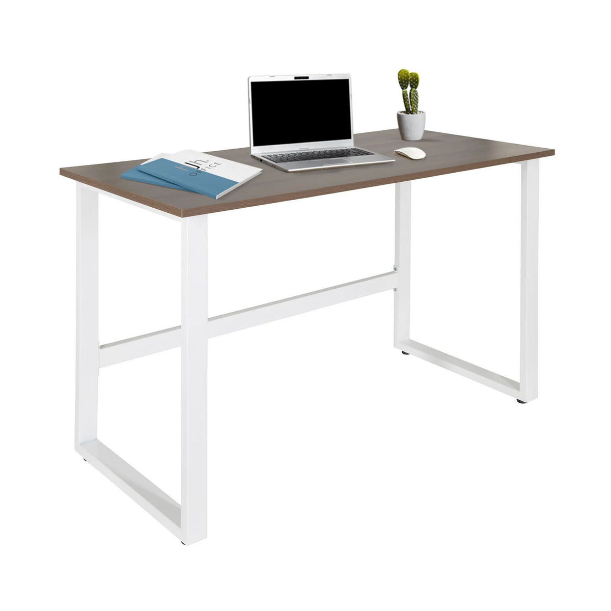 Bureau WORKSPACE LIGHT I in walnoot en wit met laptop, muis en notitieblok van hjh OFFICE