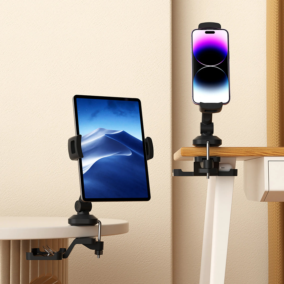 Houder voor mobiele telefoon & tablet FLEXMOBI III in zwart met tafelbevestiging van hjh OFFICE