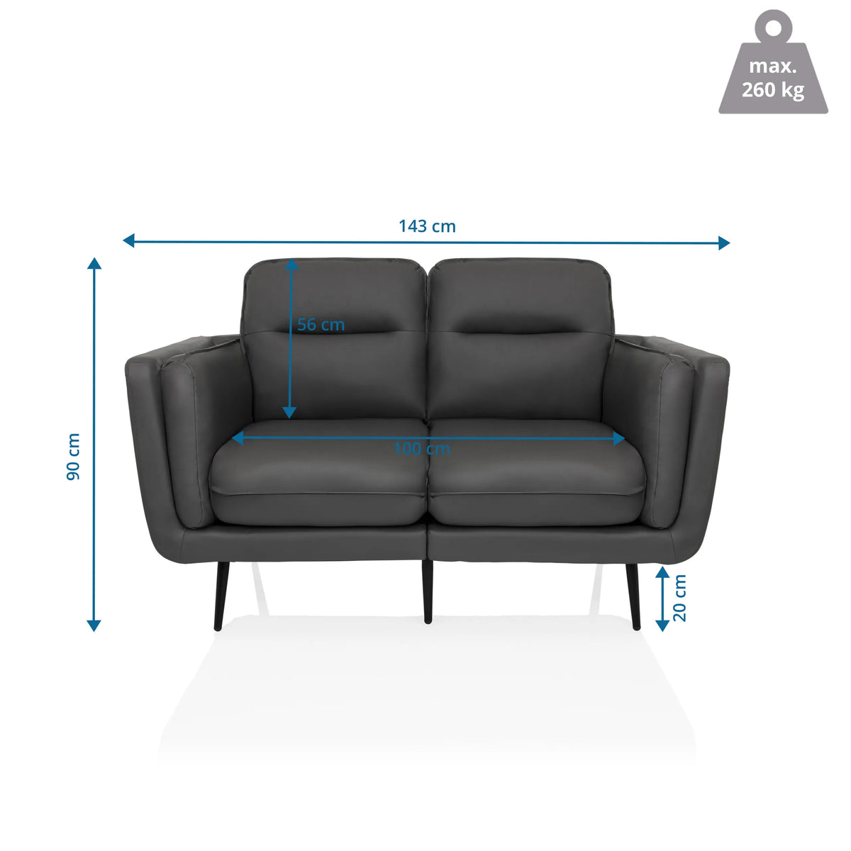 Maattekening van de lounge bank / sofa VINTALUX met een breedte van 143 cm en een hoogte van 90 cm van hjh LIVING