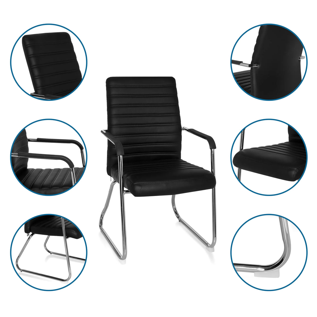Bezoekersstoel STEEL V in het zwart met sleeonderstel, armleuningen en gestoffeerde bekleding van hjh OFFICE