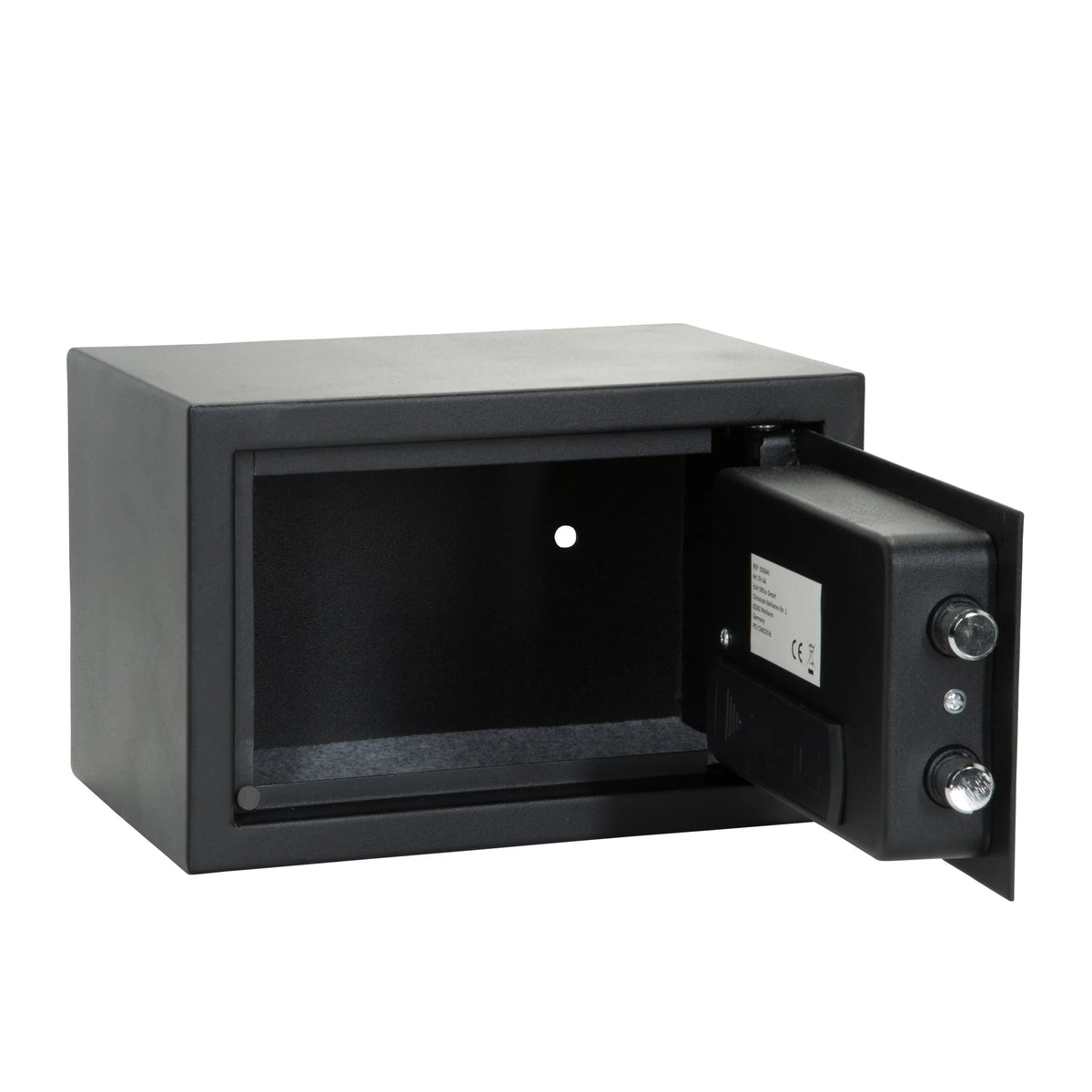 Schwarzer Tresor SAFE COMPACT III mit Zahlenschloss und Drehgriff von hjh OFFICE – 360-Grad-Ansicht (schräge Rückenansicht 240°)