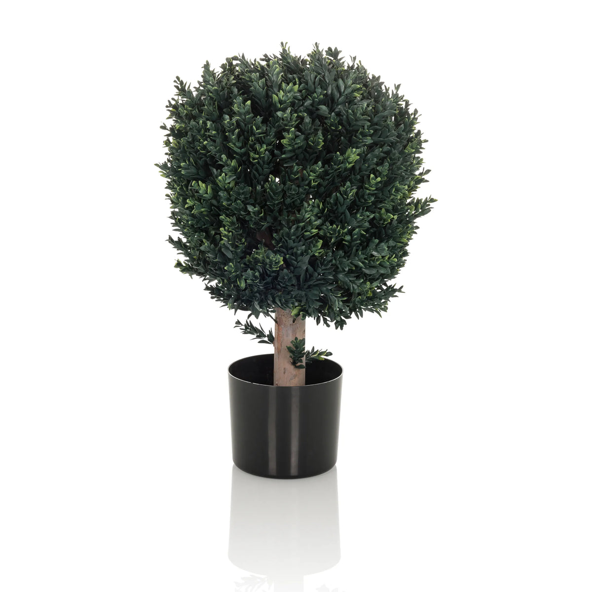 Groene Kunstplant BUXUS in de vorm van een bolvormige boom met een zwarte pot van hjh OFFICE – 360-gradenweergave (vooraanzicht 0°)