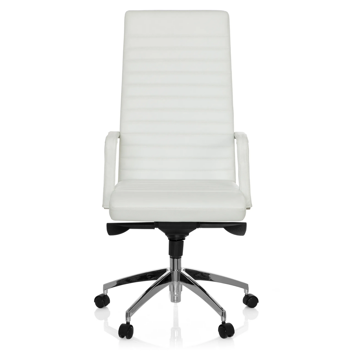 Witte Professionele directiestoel LENGA met horizontale stiknaden en vijfsterrenvoet met rolletjes van hjh OFFICE – 360-gradenweergave (vooraanzicht 0°)