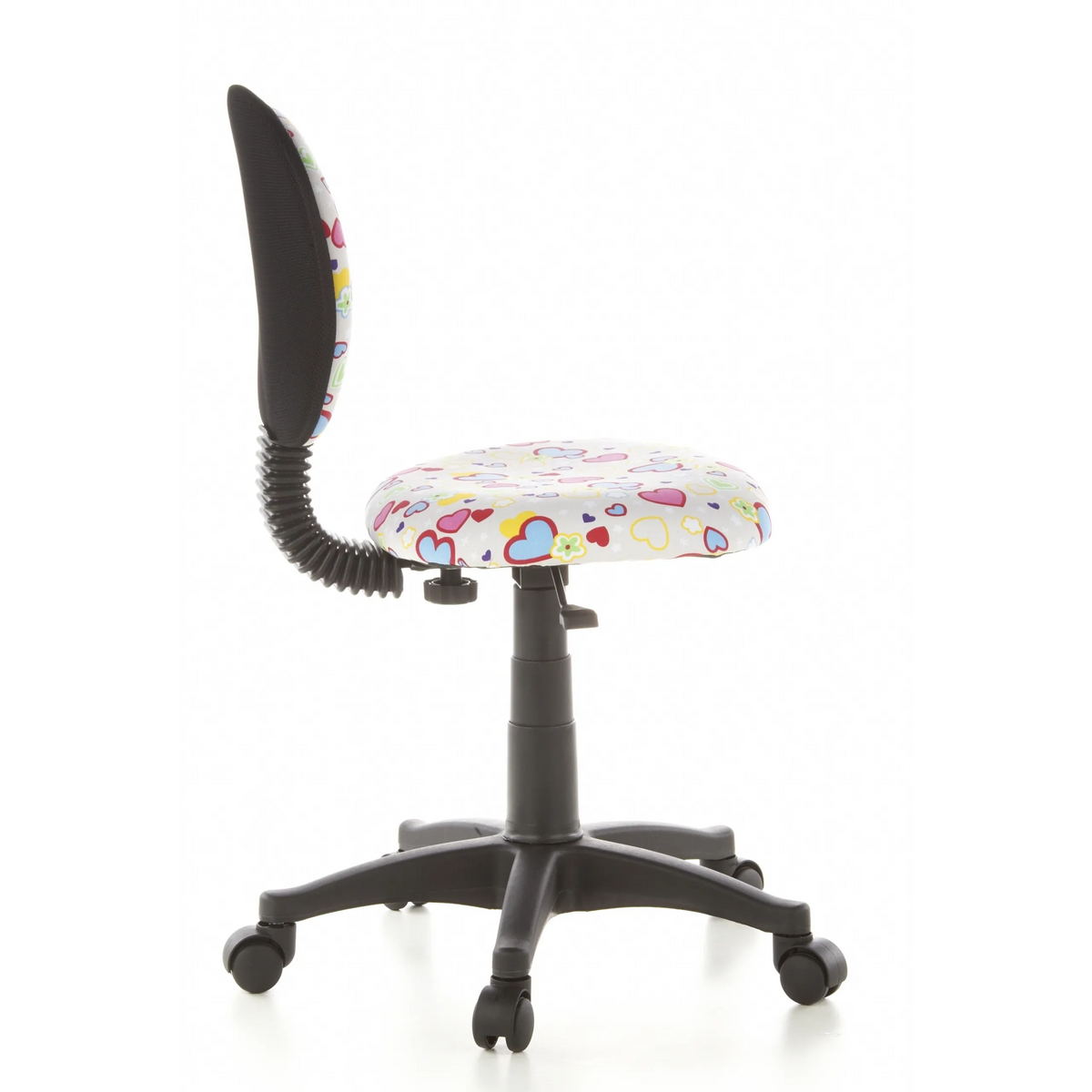 Kinder bureaustoel KIDDY TOP met kleurrijk hart- en bloemenpatroon en vijfpoot met zwenkwielen van hjh OFFICE – 360-gradenweergave (zijaanzicht 100°)