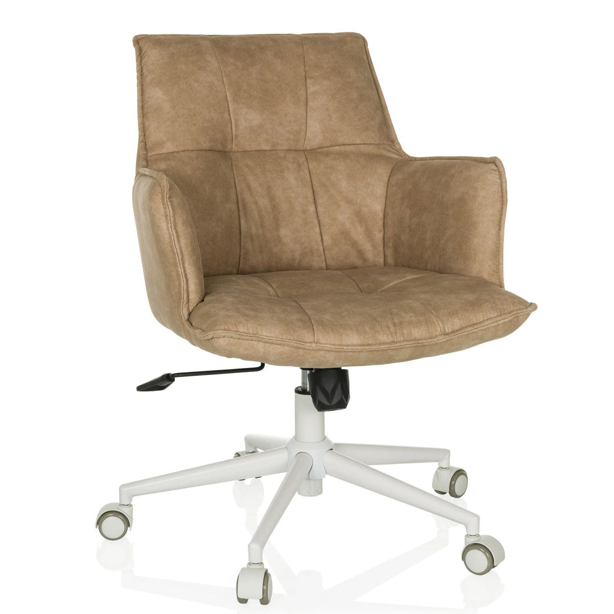 Beige SOLAO LIFE W thuisgebruik bureaustoel met gewatteerde zitting en wit vijfsterrenvoet met wieltjes van hjh LIVING – 360-gradenweergave (vooraanzicht 15°)