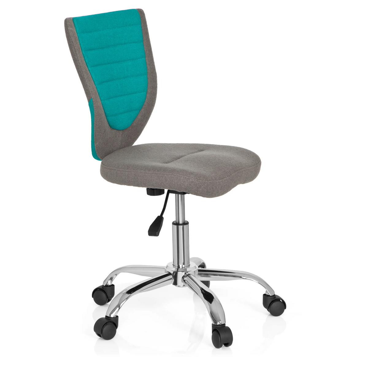 Grijs-turquoise Kinder bureaustoel KIDDY COMFORT met kruisvoet en vijf zwenkwielen van hjh OFFICE – 360-gradenweergave (schuin vooraanzicht 60°)