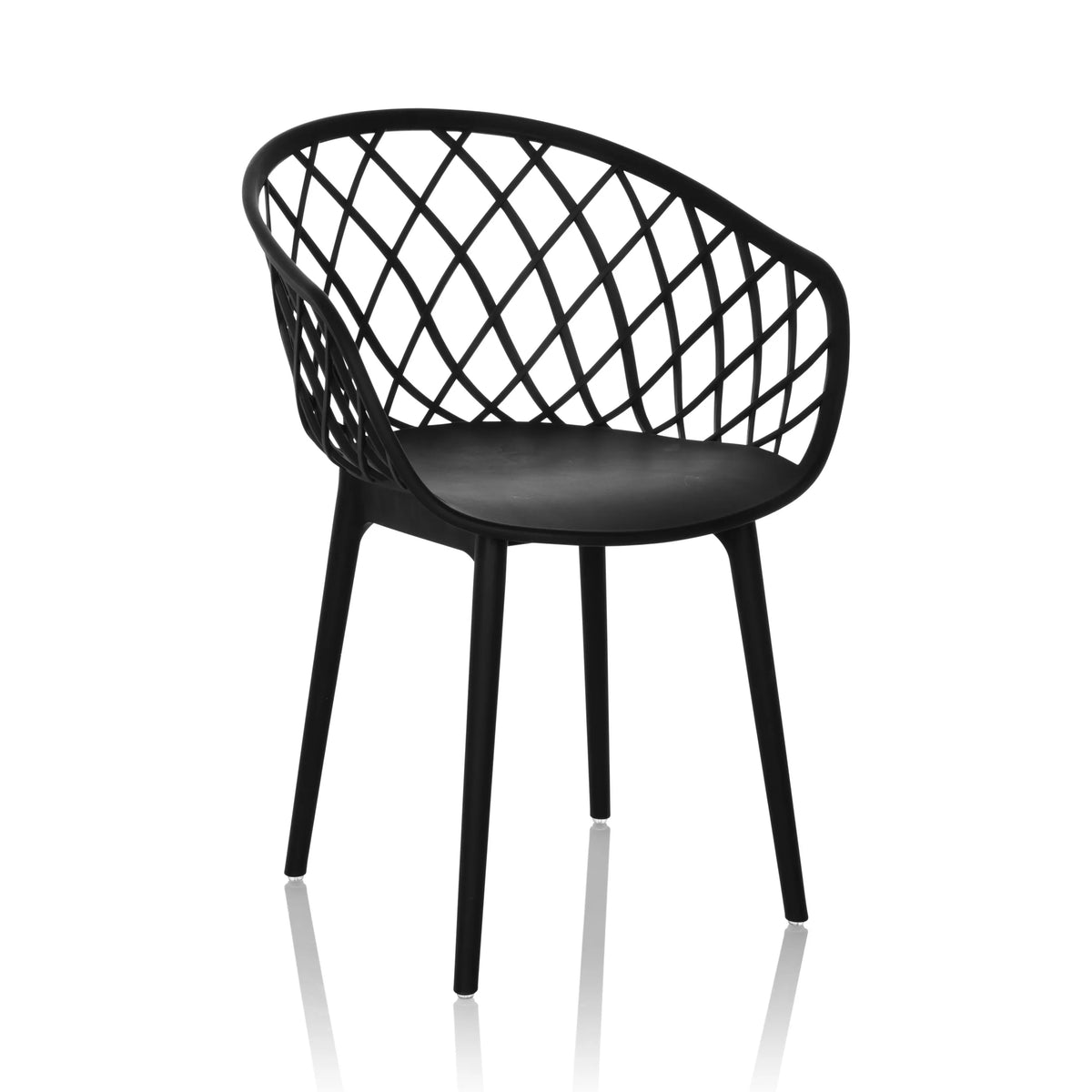 Zwarte Shell-stoel BEGIO B met roostervormige rugleuning en vier poten van hjh OFFICE – 360-gradenweergave (schuin vooraanzicht 30°)