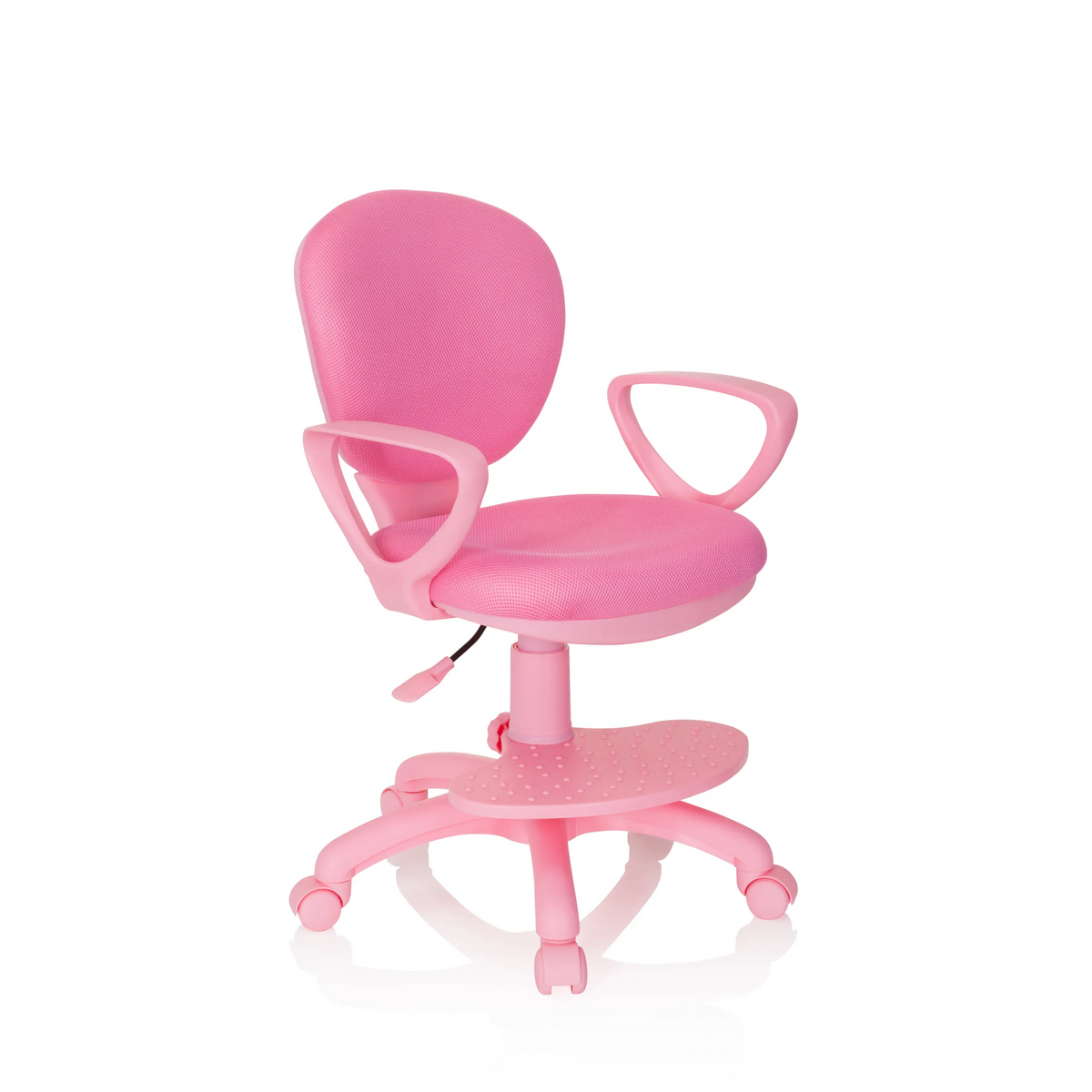 Roze Kinder bureaustoel KID COLOUR met armleuningen en vijfsterrenvoet met rolletjes van hjh OFFICE – 360-gradenweergave (schuin vooraanzicht 40°)